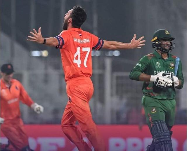 Van Meekeren's inspiring four fer and Edwards fighting fifty spring upset as Netherlands beat Bangladesh 